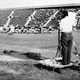 A television camera covers the season’s opener between Fordham University and Waynesburg College during National Broadcasting Company’s first telecast football game in history, at Triborough Stadium on Randall’s Island in New York, on September 30, 1939. (AP Photo )